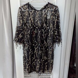 Black and Gold Sparkle Fringe Sheer Dress with Slip